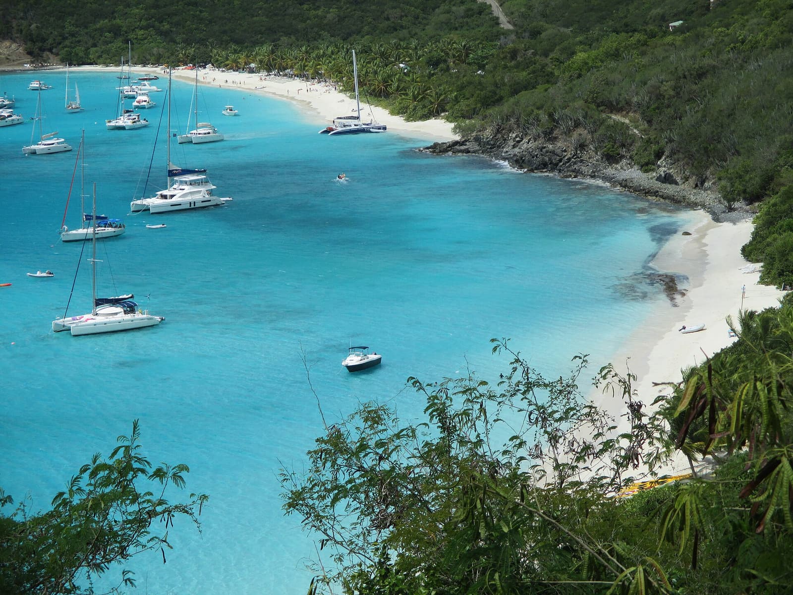 White Bay on Jost Van Dyke from above, with sailboats anchored in turquoise water